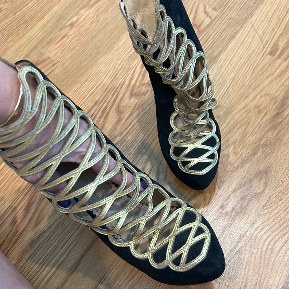 Charlotte Olympia Zena Black And Gold Suede Stiletto  Bootie Size 37 women’s - Picture 6 of 14